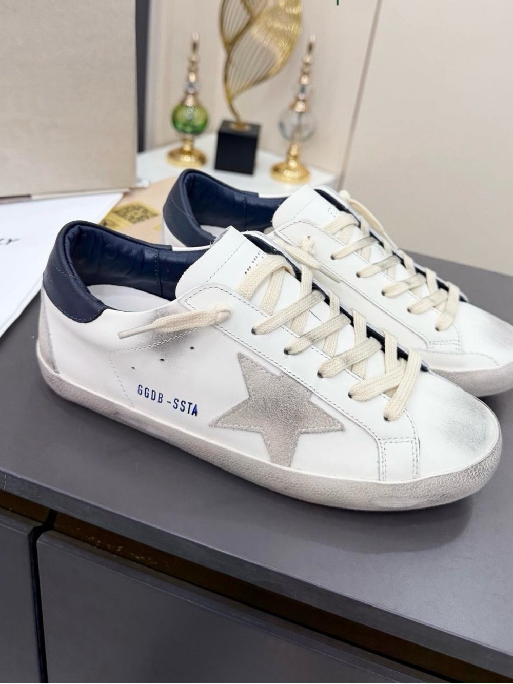 Golden Goose White Sneakers with Gray Star and Navy Heel